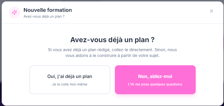 Interface wizard Supa-Supp — étape 1 : saisie du titre, public et objectifs de la formation